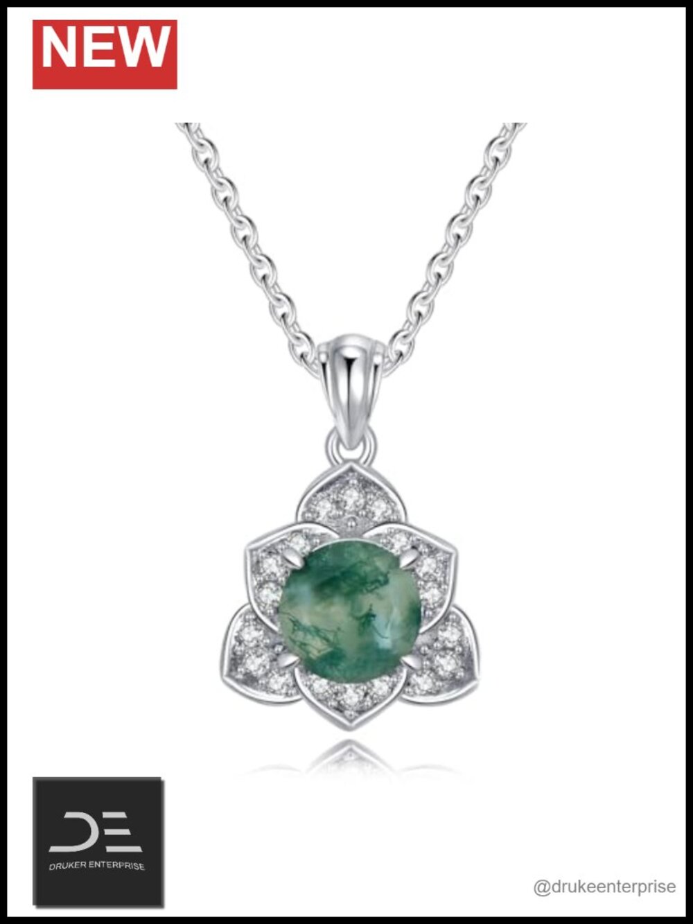 Natural Moss Agate Necklace 925 Sterling Silver Pendant Moissanite Women
